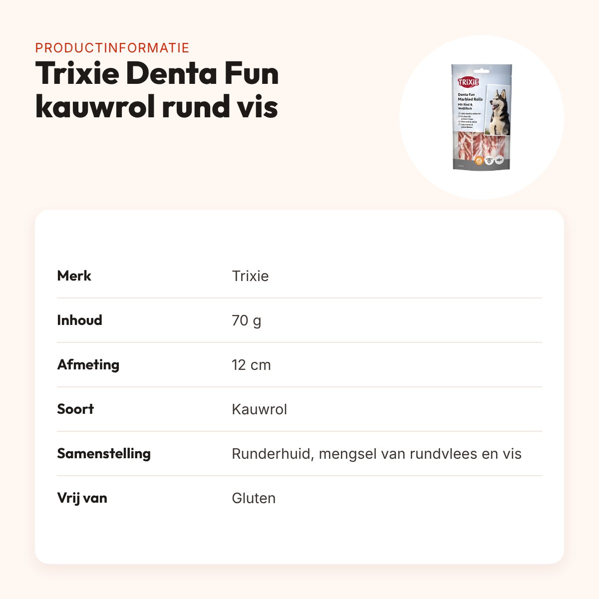 Trixie Denta Fun kauwrol runderhuid met rund en vis 12 cm – 70 g – productinformatie