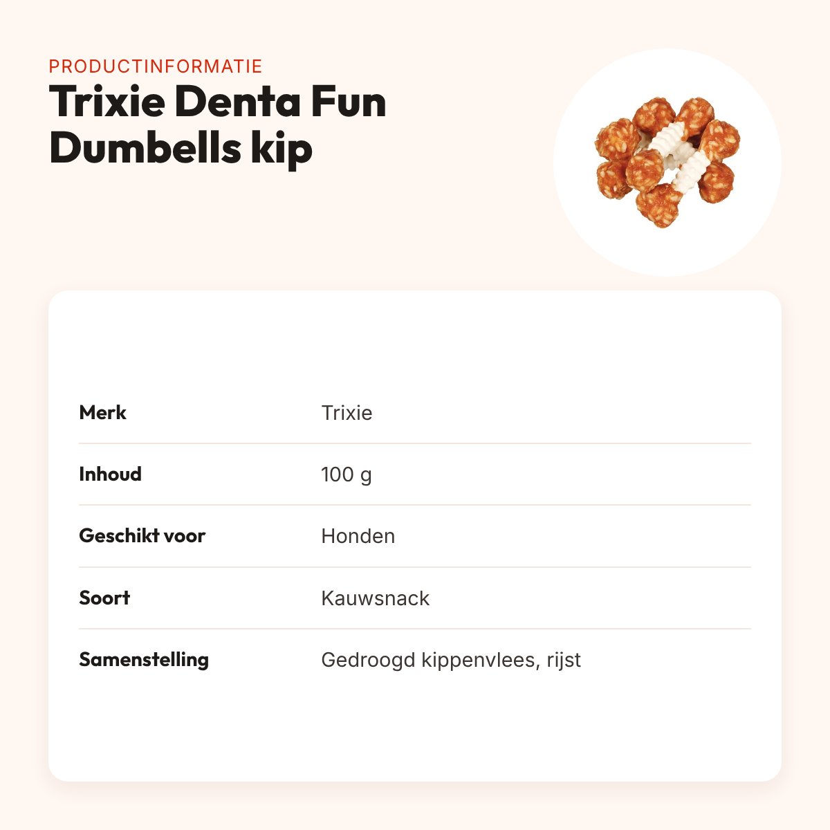 Trixie Denta Fun kauwsnack kip en rijst Dumbells 100 g – productinformatie