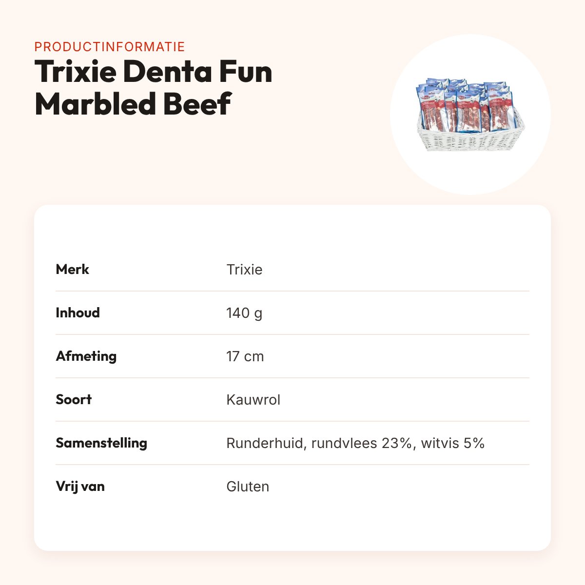 Trixie Denta Fun Marbled Beef kauwrol 17 cm 140 g – runderhuid, rund en vis – productinformatie