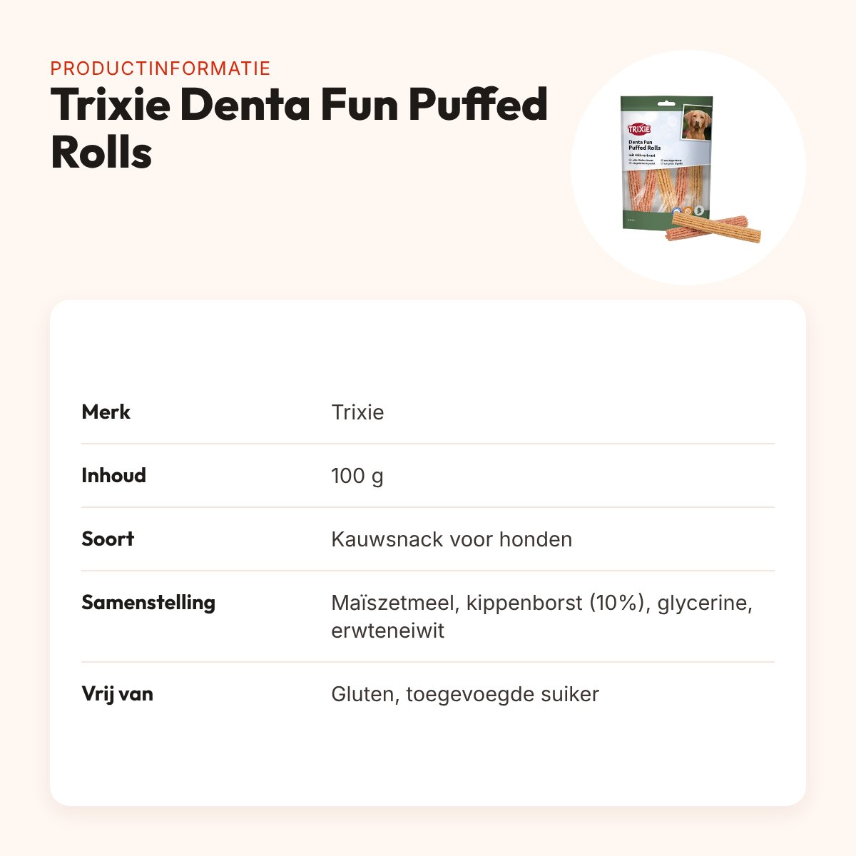 Trixie Denta Fun Puffed Rolls met kippenborst 100 g – glutenvrij – productinformatie