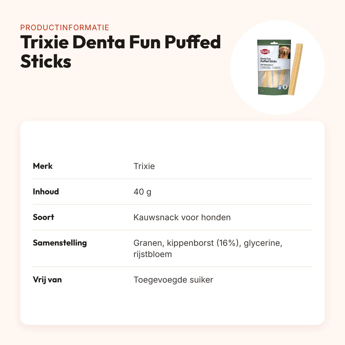 Trixie Denta Fun Puffed Sticks kauwsnack met kippenborst 40 g – productinformatie