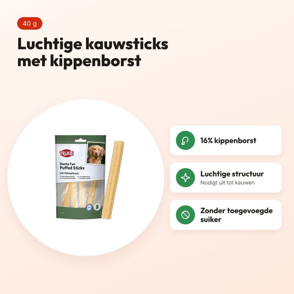 Trixie Denta Fun Puffed Sticks kauwsnack met kippenborst 40 g – voordelen