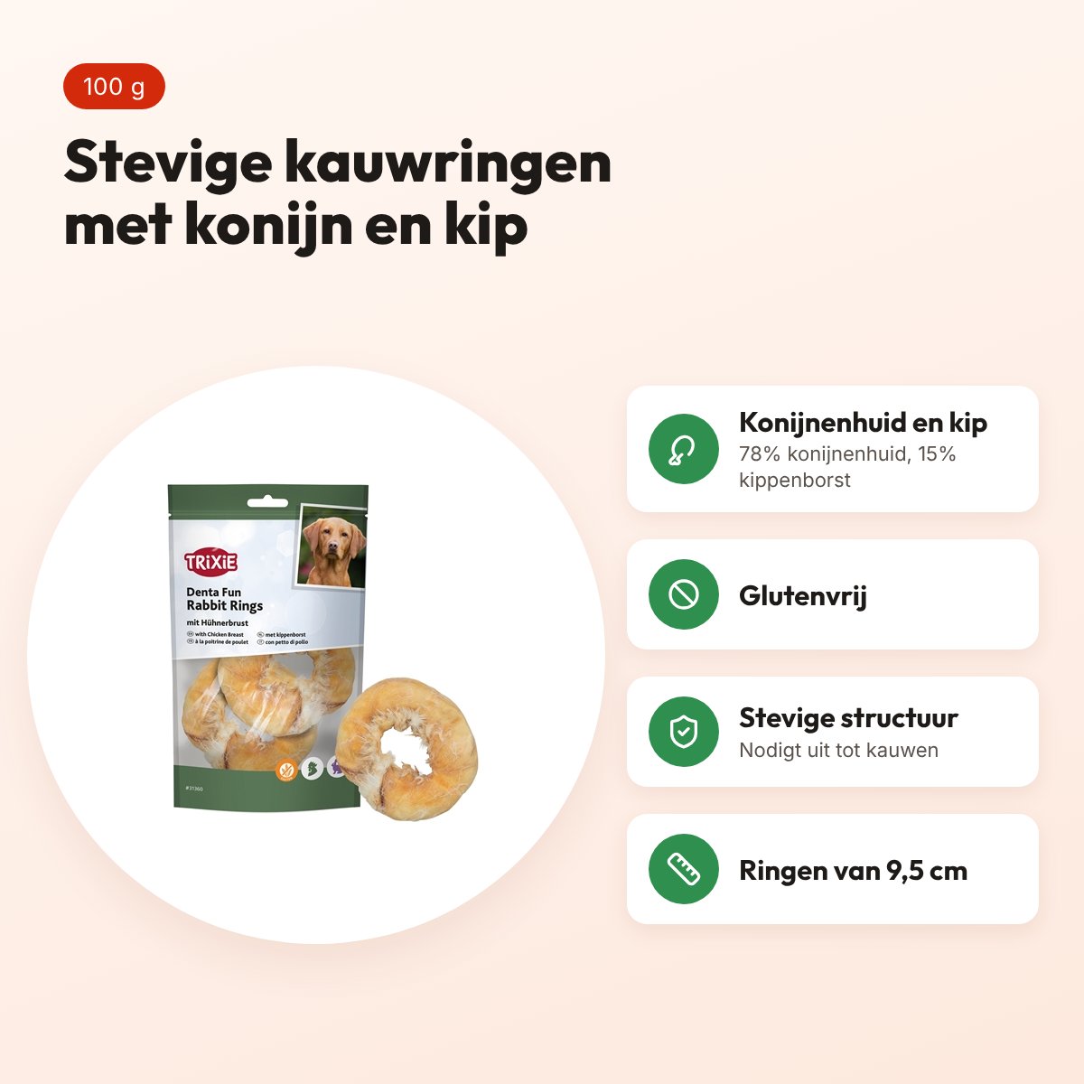 Trixie Denta Fun Rabbit Rings kauwsnack kippenborst 9,5 cm 100 g – voordelen