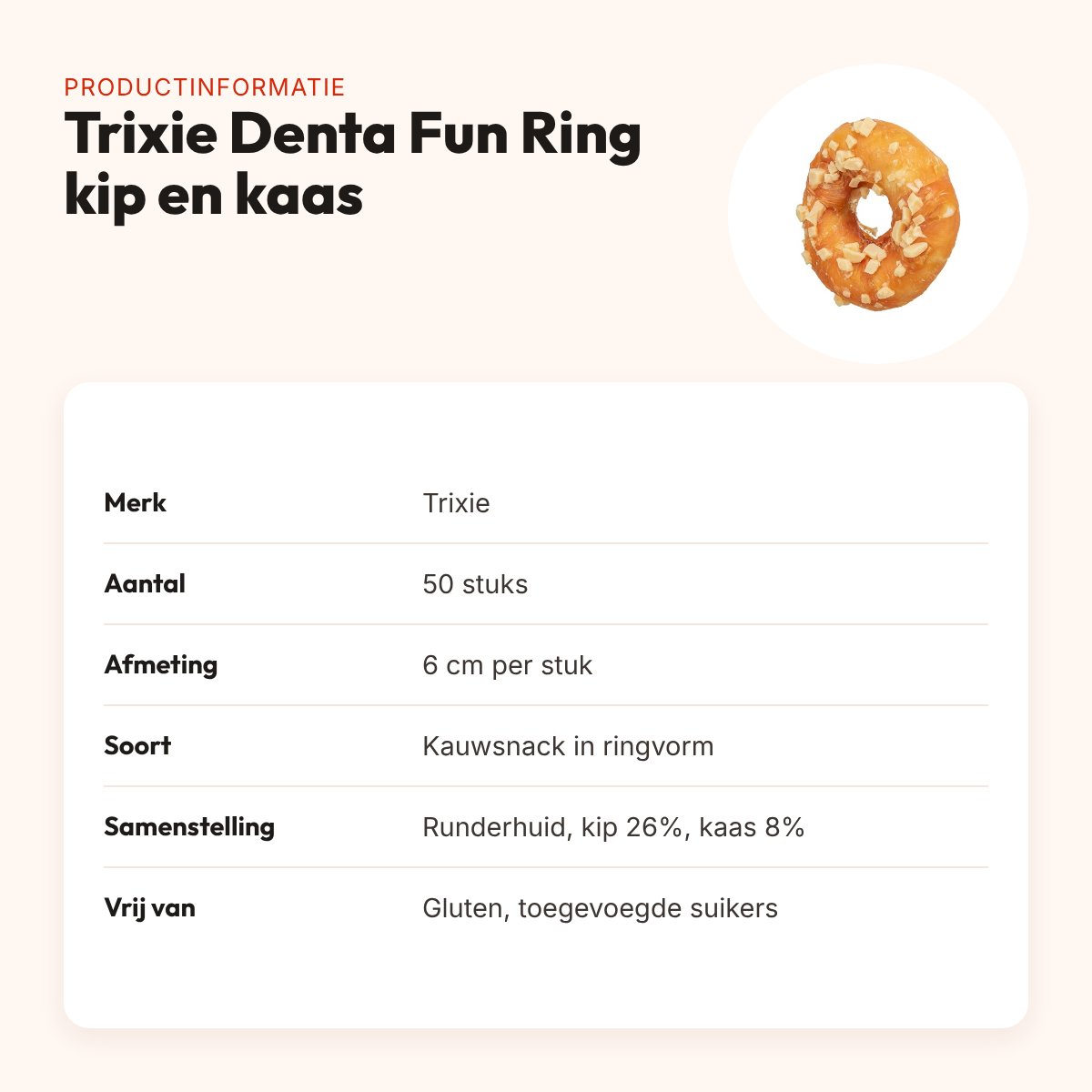 Trixie Denta Fun Ring 6 cm – runderhuid met kip en kaas, 50 stuks – productinformatie