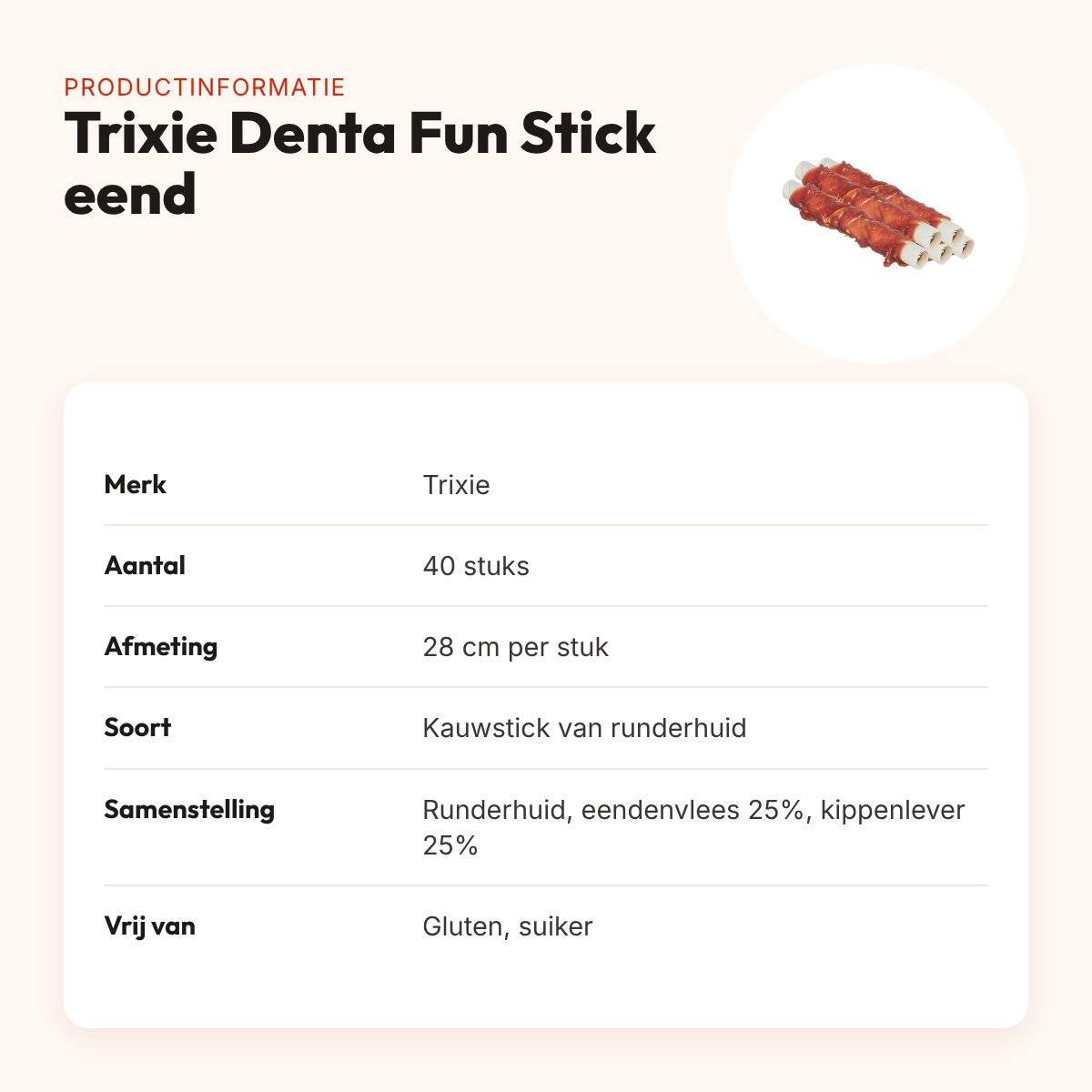 Trixie Denta Fun Stick 28 cm – runderhuid met eend en kippenlever, 40 stuks – productinformatie