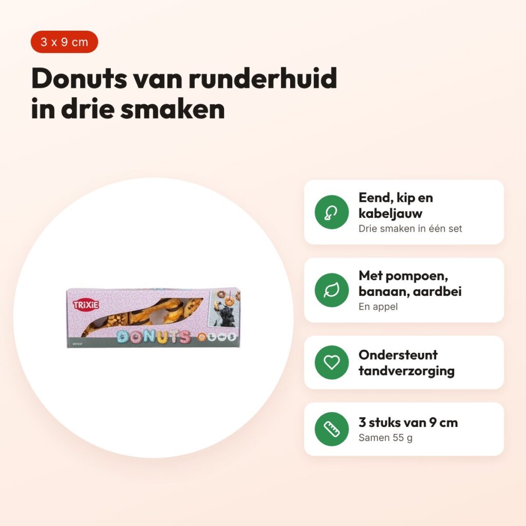 Trixie Donuts kauwsnack eend, kip en kabeljauw 9 cm – 3 stuks, 55 g – voordelen