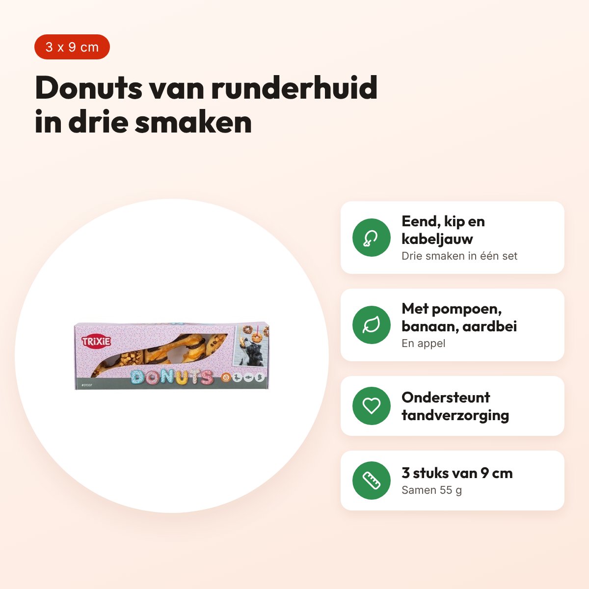 Trixie Donuts kauwsnack eend, kip en kabeljauw 9 cm – 3 stuks, 55 g – voordelen