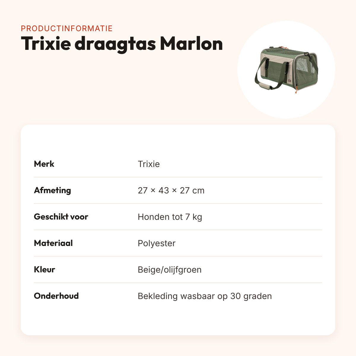 Trixie draagtas Marlon beige/olijfgroen 27 x 43 x 27 cm – tot 7 kg – productinformatie