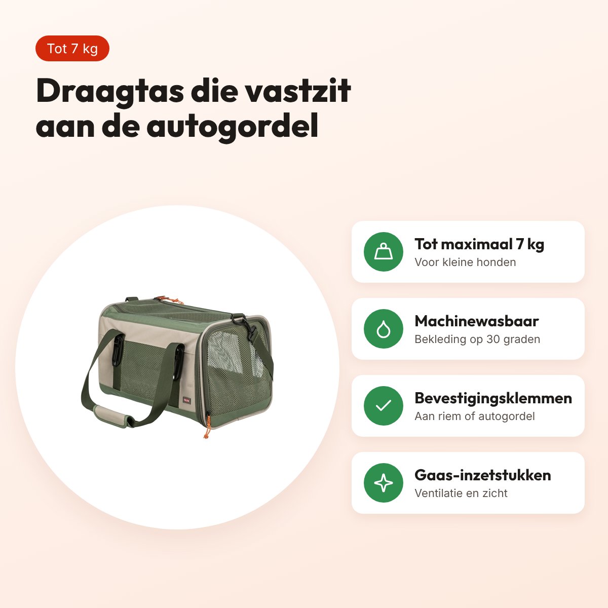 Trixie draagtas Marlon beige/olijfgroen 27 x 43 x 27 cm – tot 7 kg – voordelen
