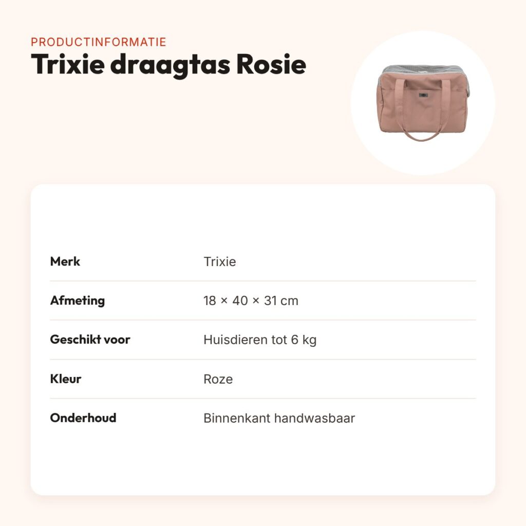 Trixie draagtas Rosie roze 18 x 40 x 31 cm – tot 6 kg – productinformatie