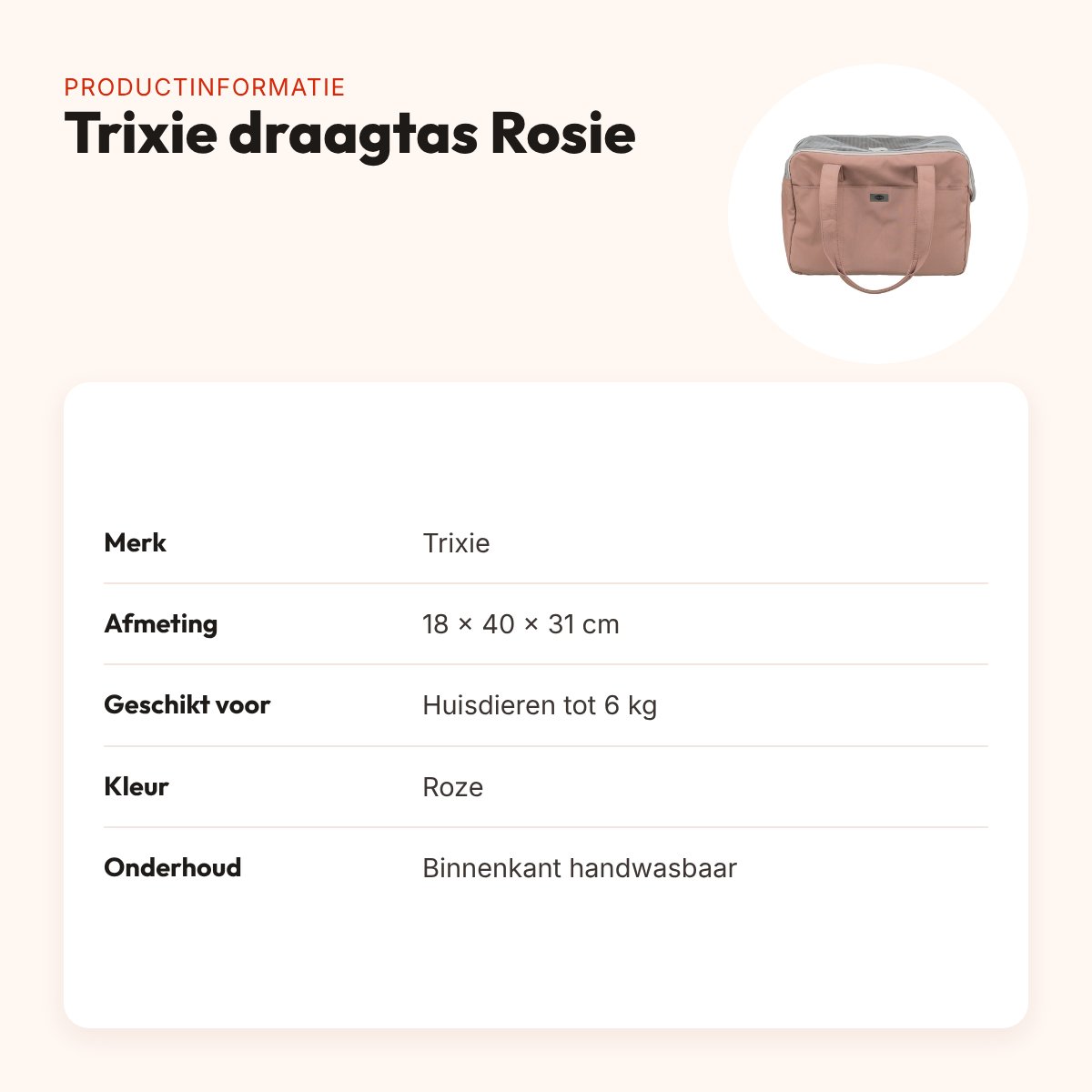 Trixie draagtas Rosie roze 18 x 40 x 31 cm – tot 6 kg – productinformatie