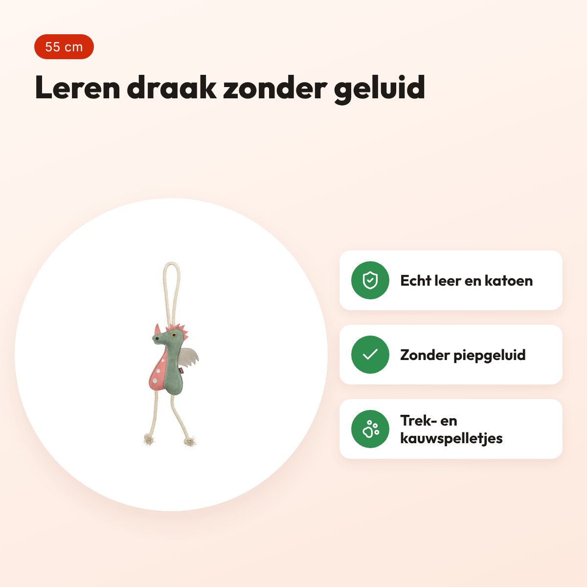Trixie draak leer met touw 55 cm – kauwspeeltje zonder geluid – voordelen