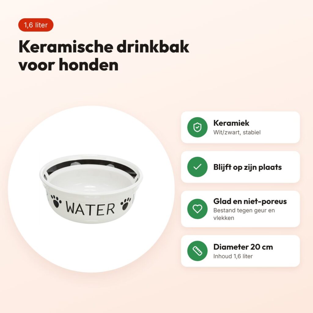 Trixie drinkbak keramiek wit/zwart 1,6 liter 20 cm – voor honden – voordelen