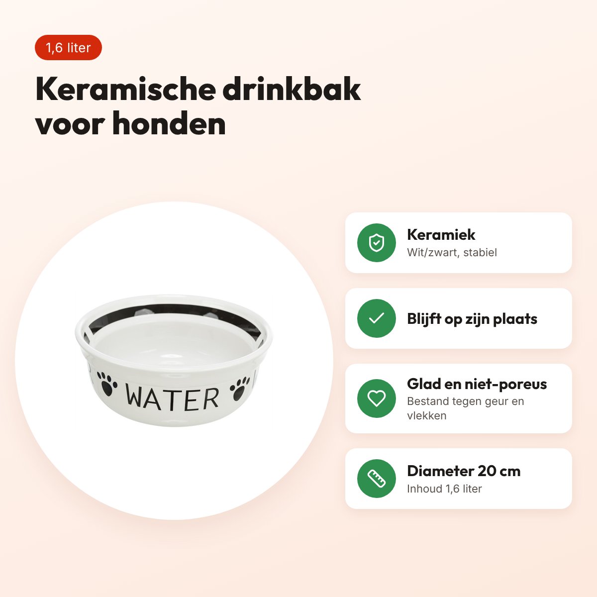 Trixie drinkbak keramiek wit/zwart 1,6 liter 20 cm – voor honden – voordelen
