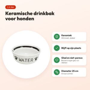 Trixie drinkbak keramiek wit/zwart 2,6 liter 25 cm – voor honden – voordelen