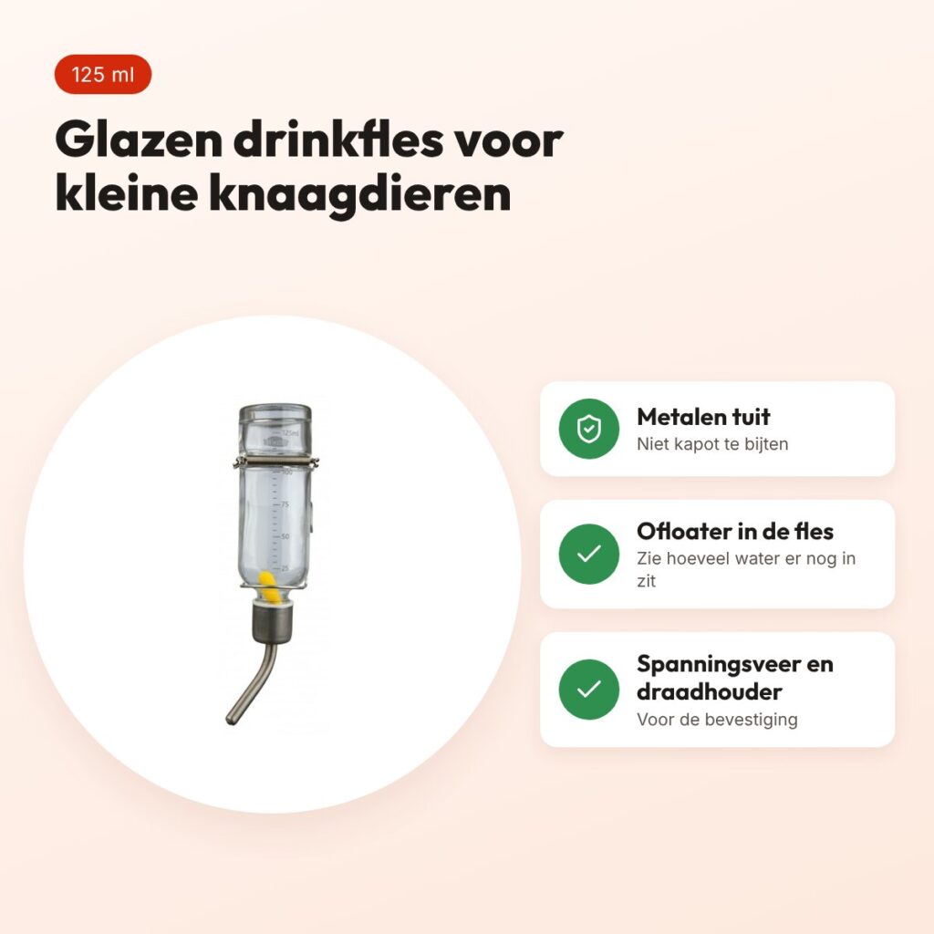 Trixie drinkfles glas 125 ml – hamsters en gerbils, lekvrij – voordelen