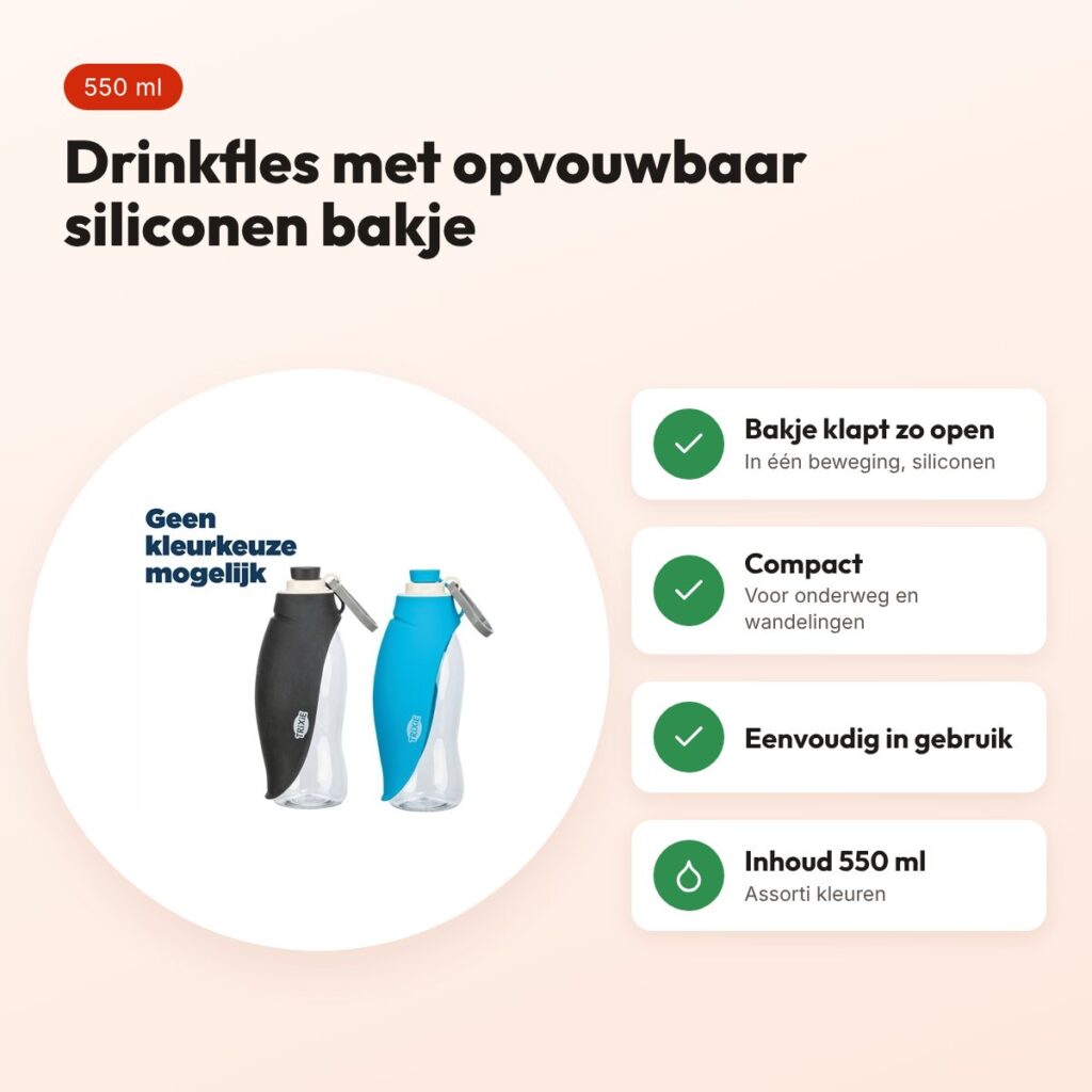 Trixie drinkfles met siliconen bakje 550 ml – assorti, voor honden – voordelen