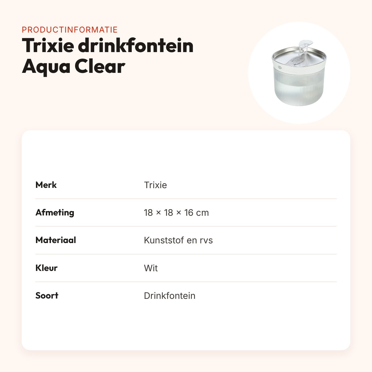 Trixie drinkfontein Aqua Clear kunststof/rvs wit 18 x 18 x 16 cm – productinformatie