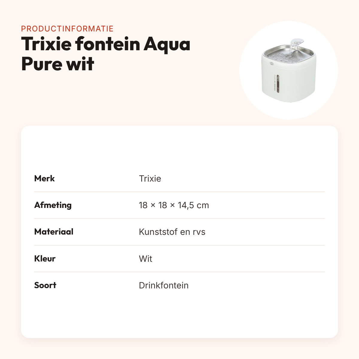Trixie drinkfontein Aqua Pure kunststof/rvs wit 18 x 18 x 14,5 cm – productinformatie