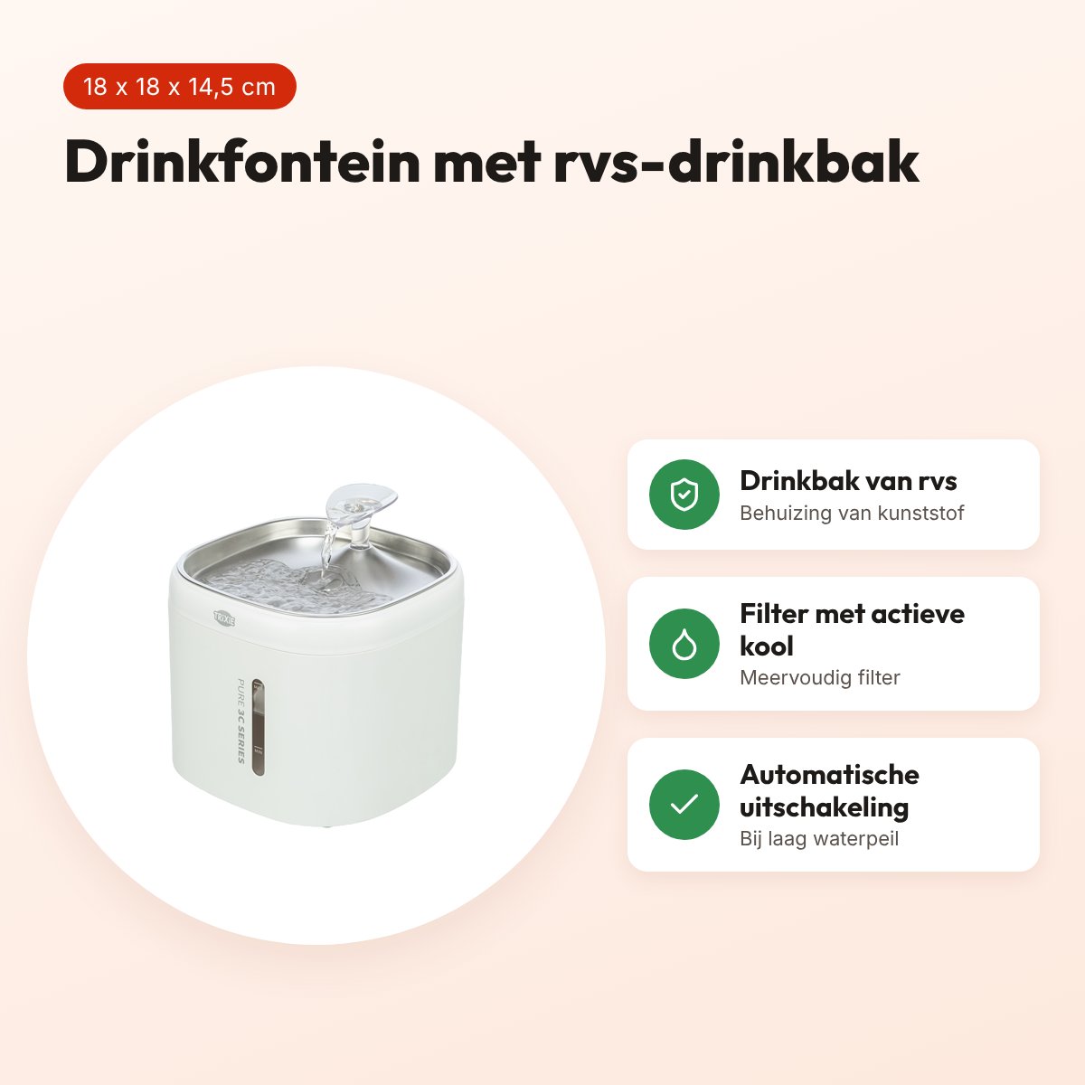 Trixie drinkfontein Aqua Pure kunststof/rvs wit 18 x 18 x 14,5 cm – voordelen