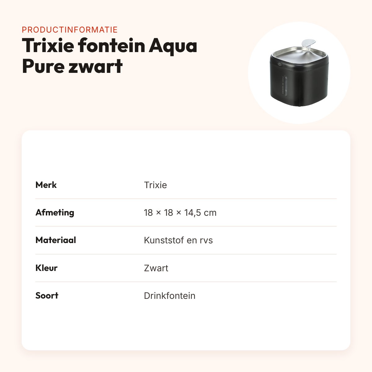 Trixie drinkfontein Aqua Pure kunststof/rvs zwart 18 x 18 x 14,5 cm – productinformatie