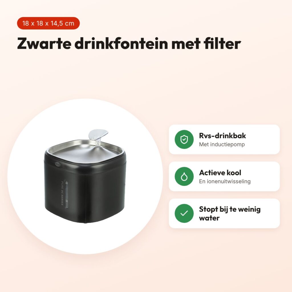 Trixie drinkfontein Aqua Pure kunststof/rvs zwart 18 x 18 x 14,5 cm – voordelen