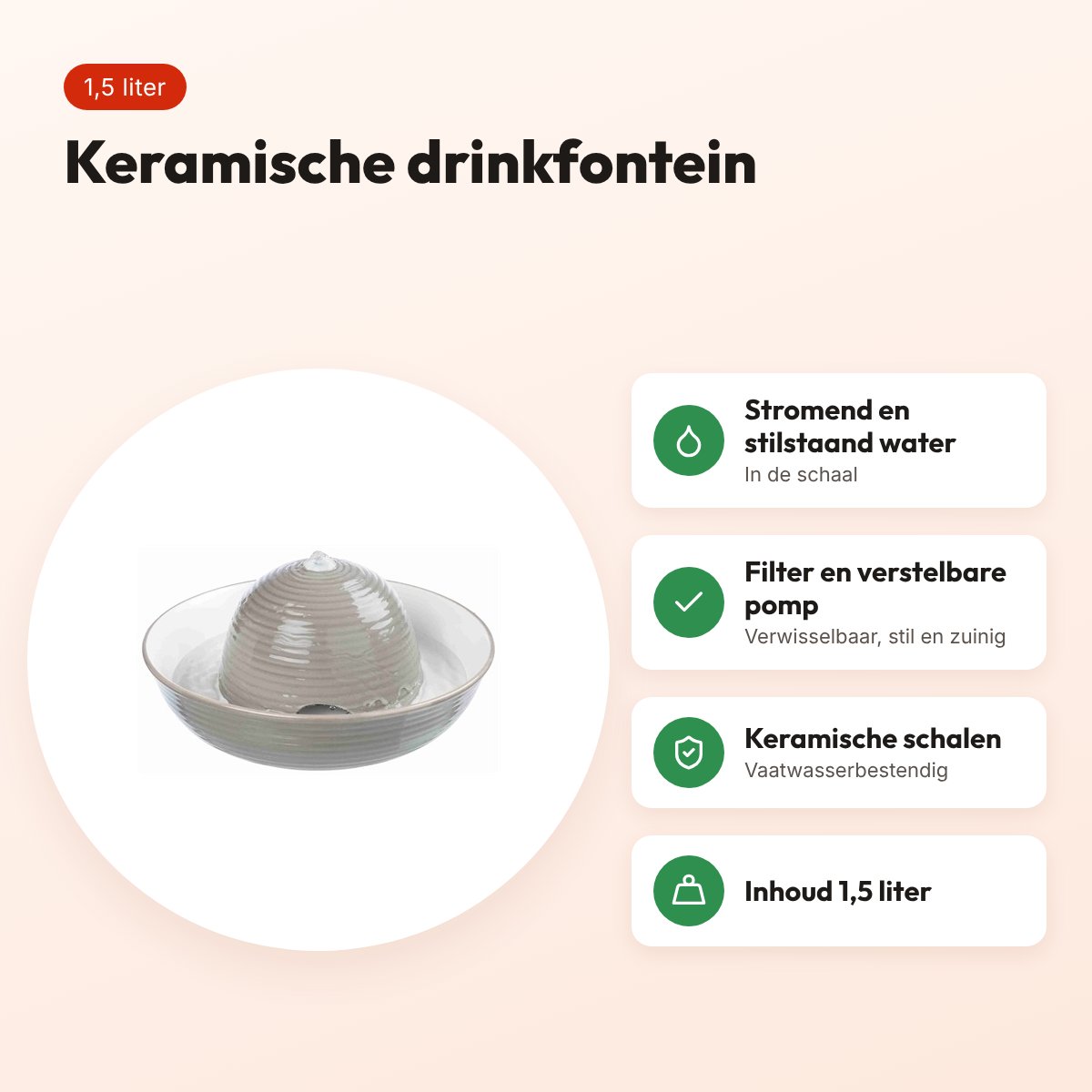 Trixie drinkfontein Vital Flow keramiek grijs/wit 1,5 liter – voordelen