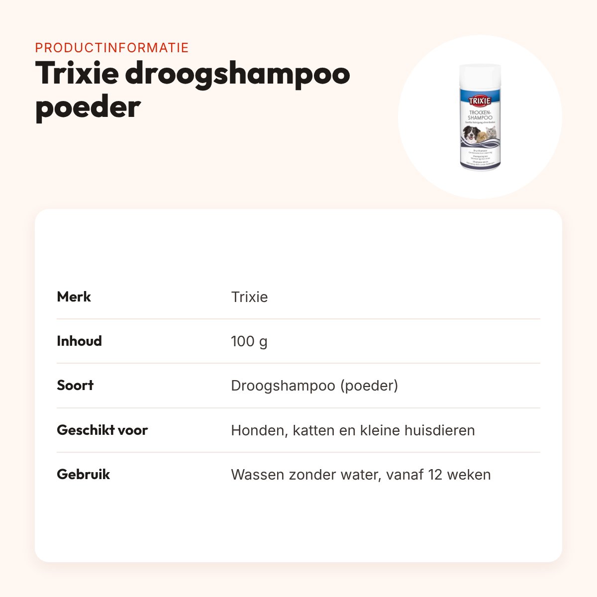 Trixie droogshampoo poeder 100 g – voor honden, katten en kleine huisdieren – productinformatie