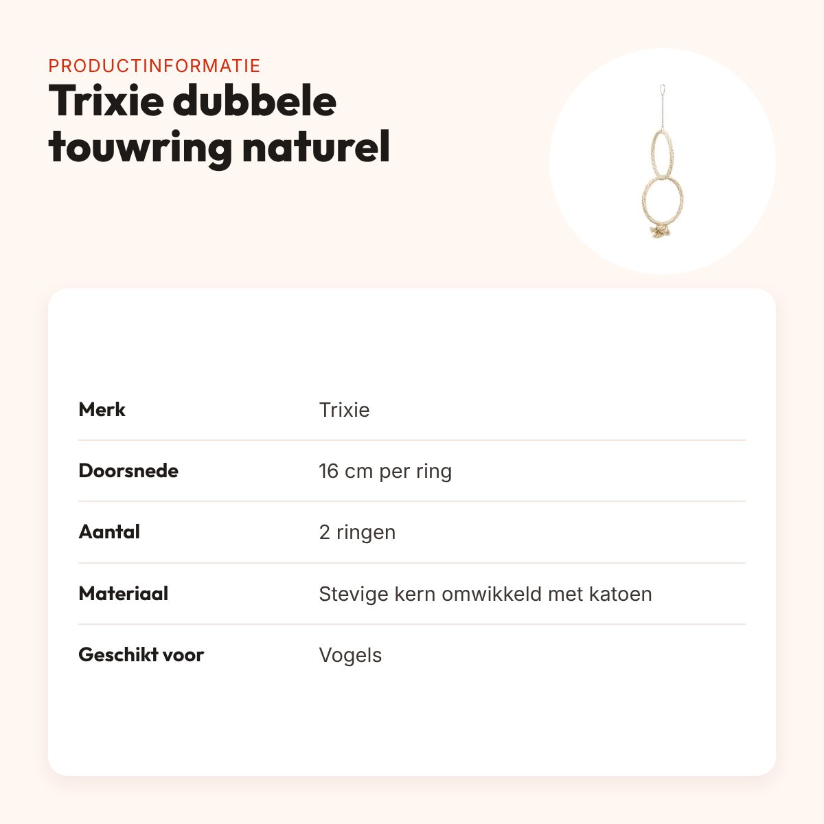Trixie dubbele touwring naturel 16 cm – zitringen voor vogels – productinformatie