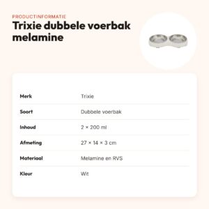 Trixie dubbele voerbak kat melamine/RVS wit 2 x 200 ml – 27 x 14 x 3 cm – productinformatie