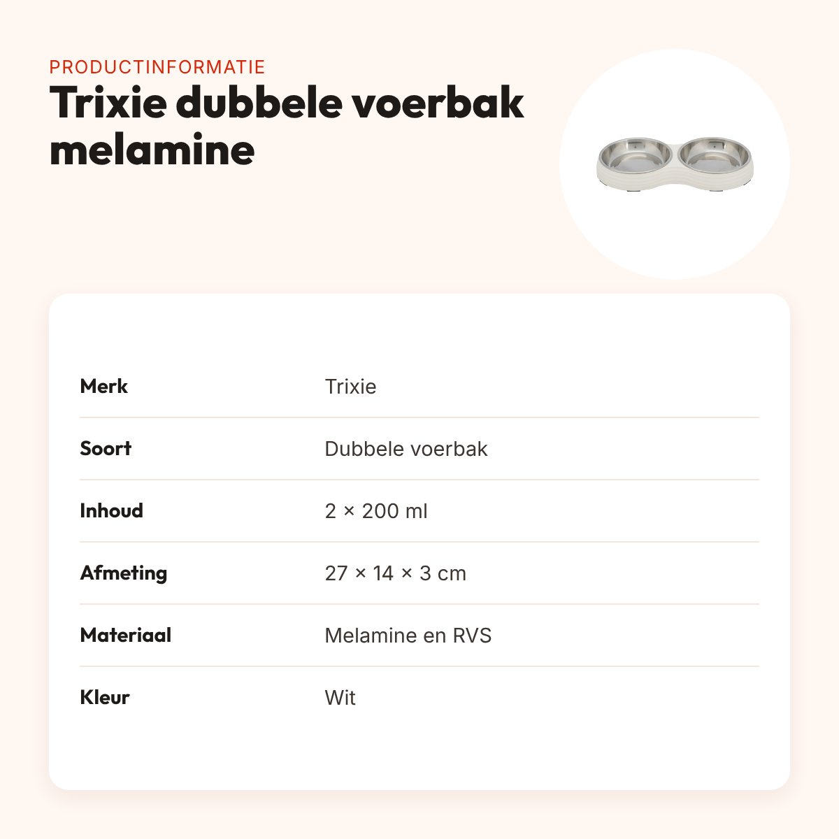 Trixie dubbele voerbak kat melamine/RVS wit 2 x 200 ml – 27 x 14 x 3 cm – productinformatie