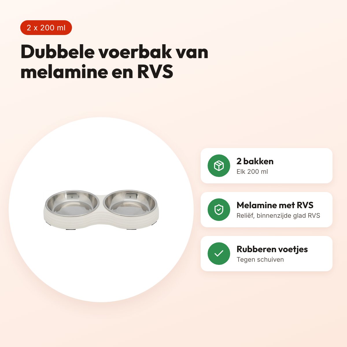 Trixie dubbele voerbak kat melamine/RVS wit 2 x 200 ml – 27 x 14 x 3 cm – voordelen