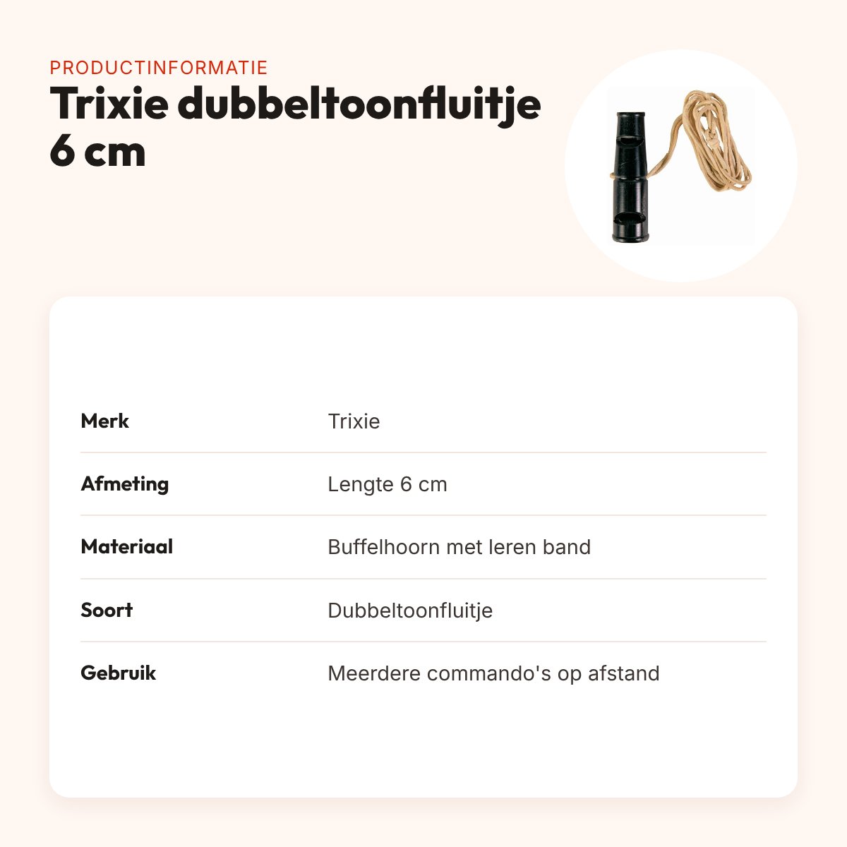 Trixie dubbeltoonfluitje buffelhoorn 6 cm – met leren band – productinformatie