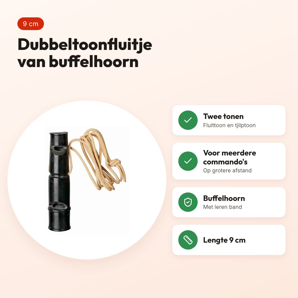 Trixie dubbeltoonfluitje buffelhoorn 9 cm – met leren band – voordelen