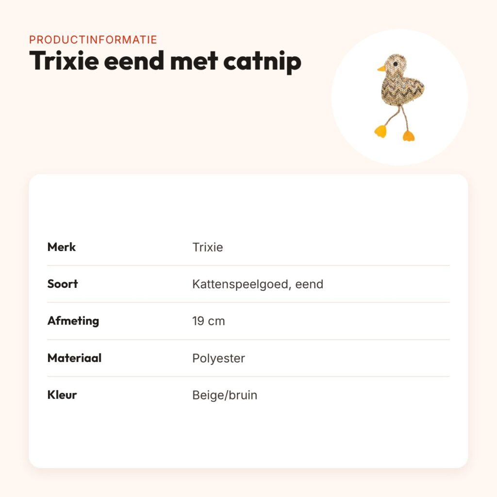Trixie eend met catnip 19 cm – kattenspeelgoed beige/bruin – productinformatie