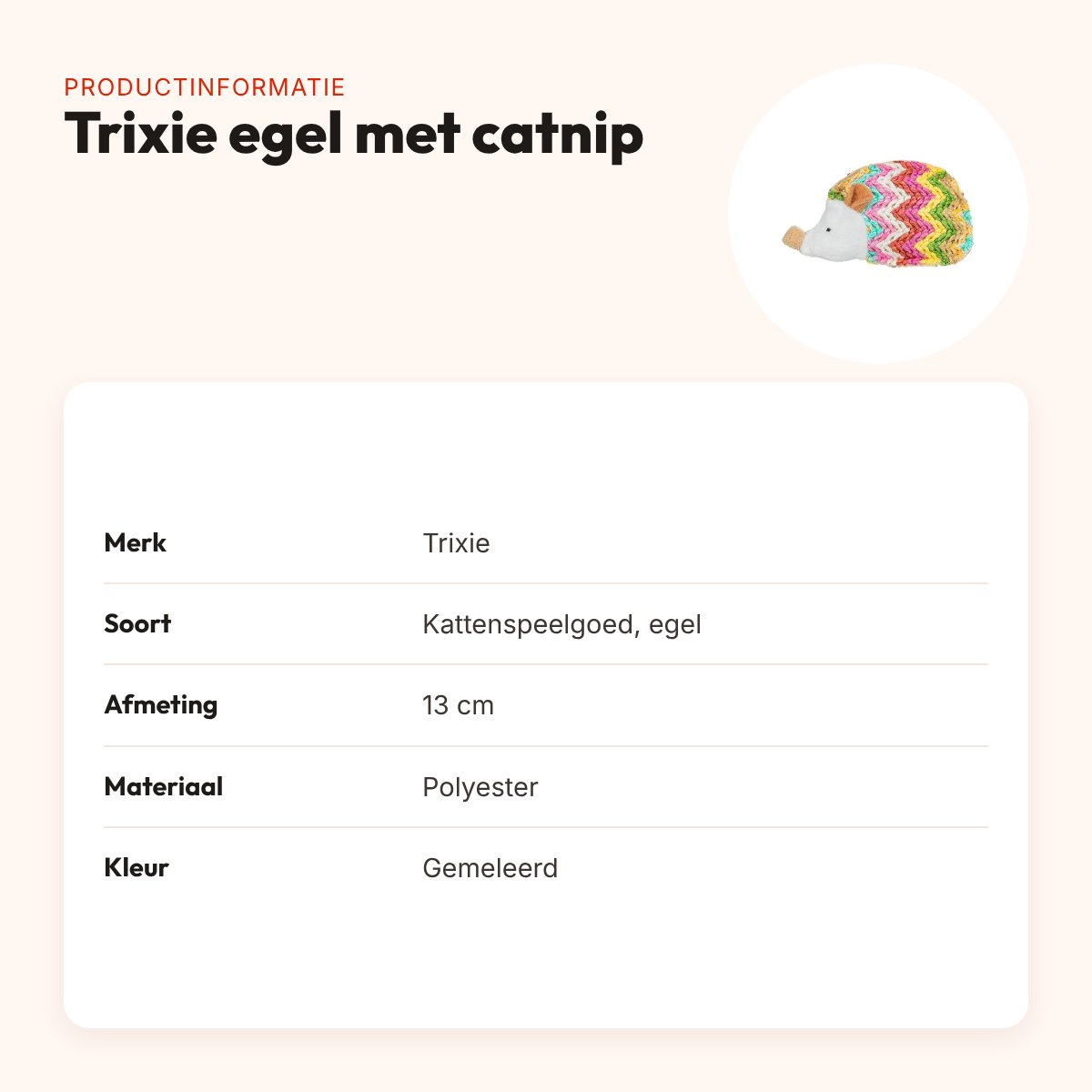 Trixie egel met catnip 13 cm – kattenspeelgoed in gemeleerde kleuren – productinformatie