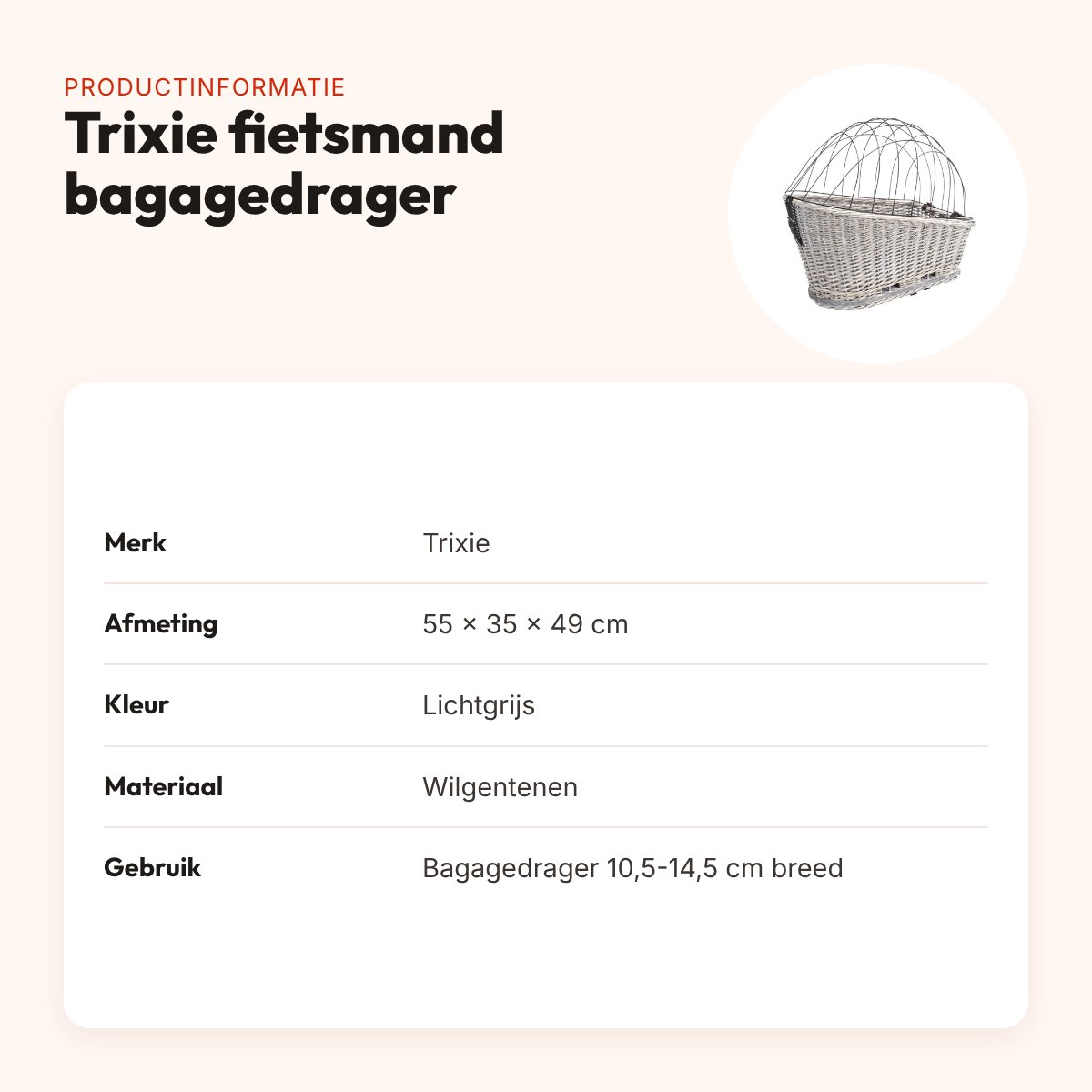 Trixie fietsmand bagagedrager grijs 55 x 35 x 49 cm – met rooster – productinformatie