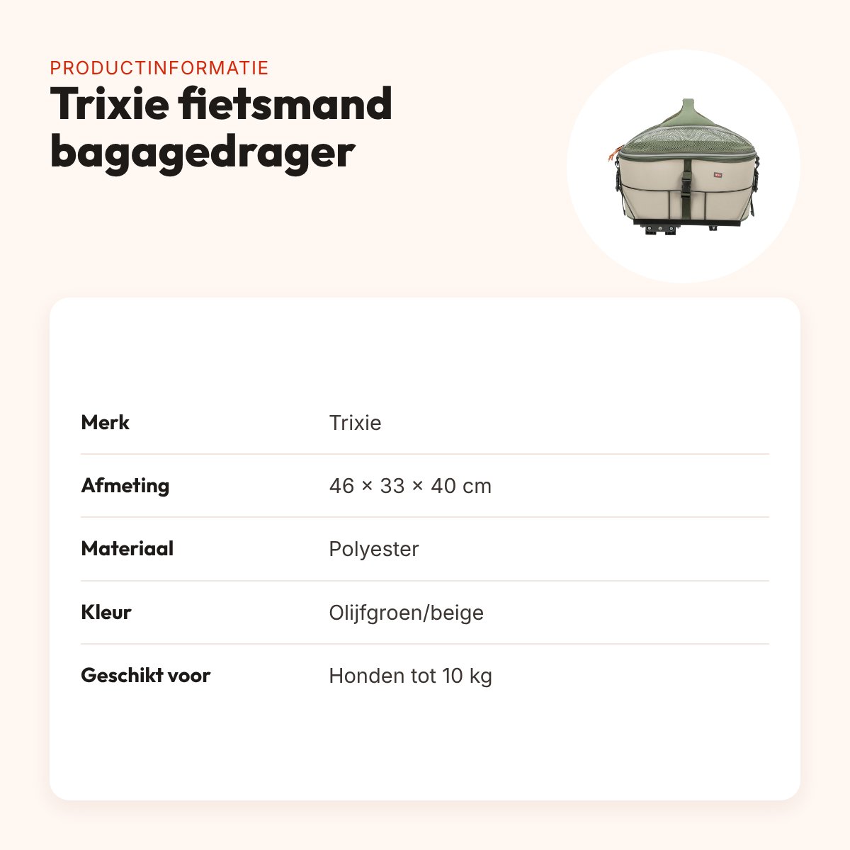 Trixie fietsmand hond voor bagagedrager olijfgroen/beige – tot 10 kg – productinformatie