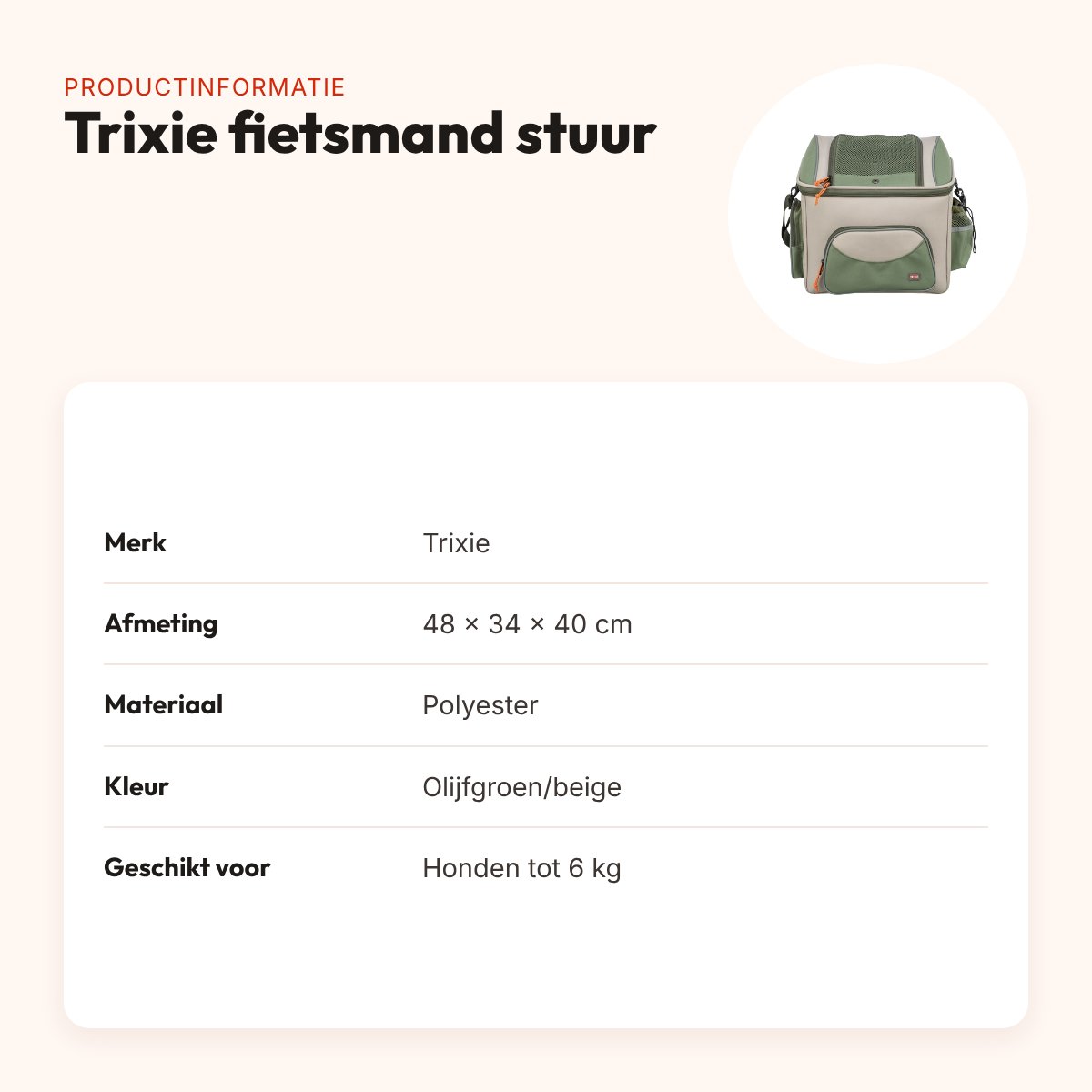 Trixie fietsmand hond voor stuur olijfgroen/beige – tot 6 kg – productinformatie