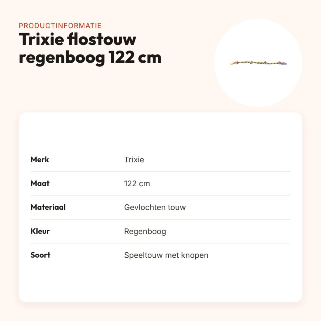 Trixie flostouw regenboog 122 cm – trektouw met knopen – productinformatie