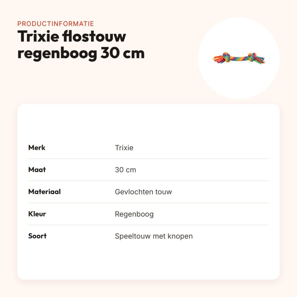 Trixie flostouw regenboog 30 cm – knooptouw voor honden – productinformatie
