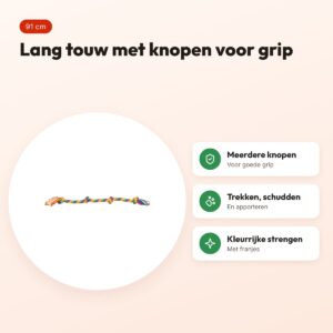 Trixie flostouw regenboog 91 cm – lang touw met knopen – voordelen