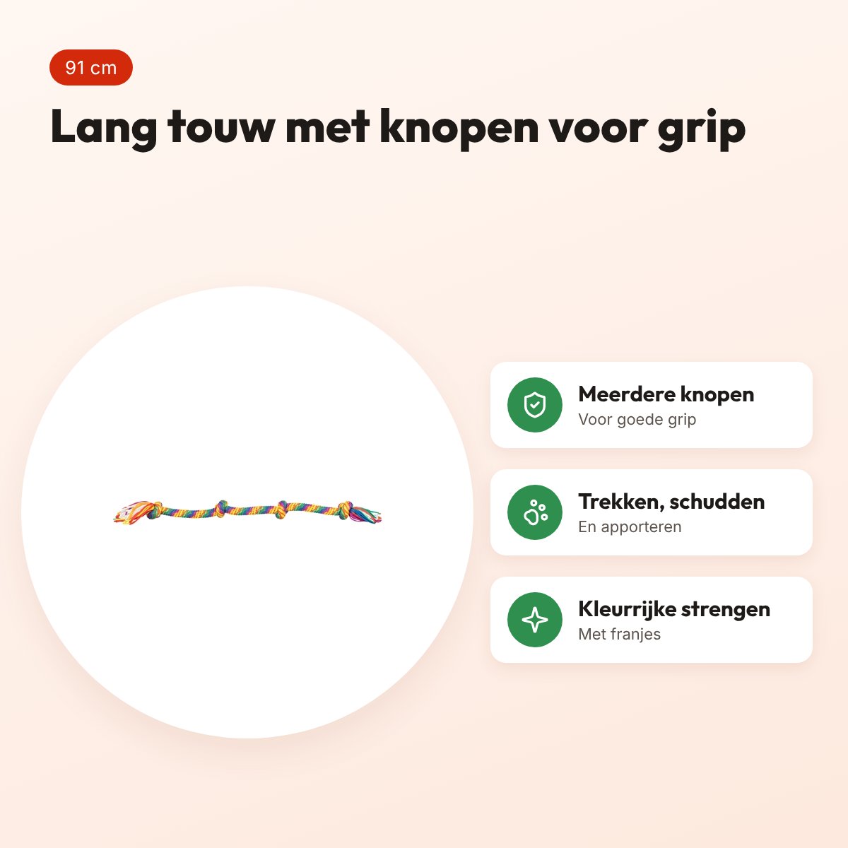 Trixie flostouw regenboog 91 cm – lang touw met knopen – voordelen