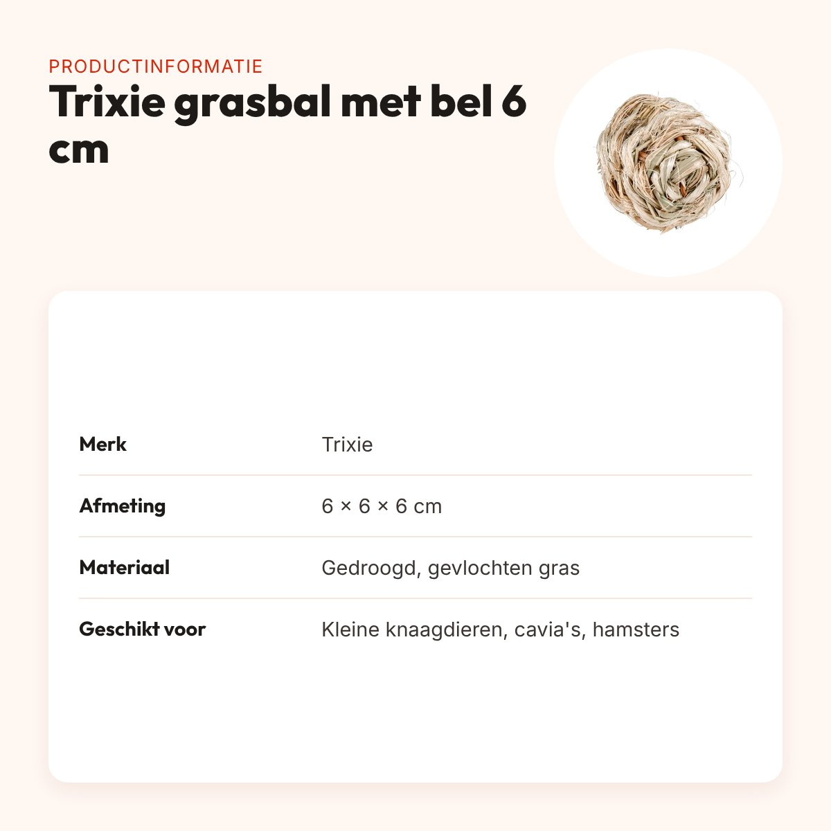 Trixie grasbal met bel 6 x 6 x 6 cm – voor kleine knaagdieren – productinformatie