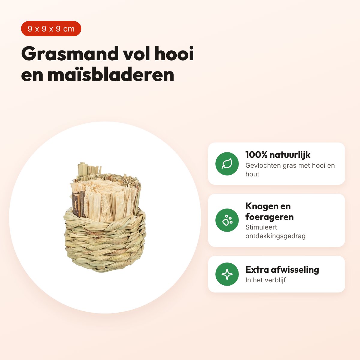 Trixie grasmand met hooi, maïsbladeren en houten stokjes 9 x 9 x 9 cm – voordelen