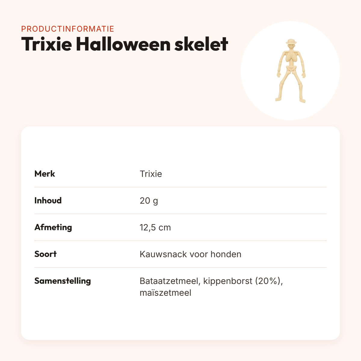 Trixie Halloween skelet hondensnack met kippenborst 12,5 cm 20 g – productinformatie