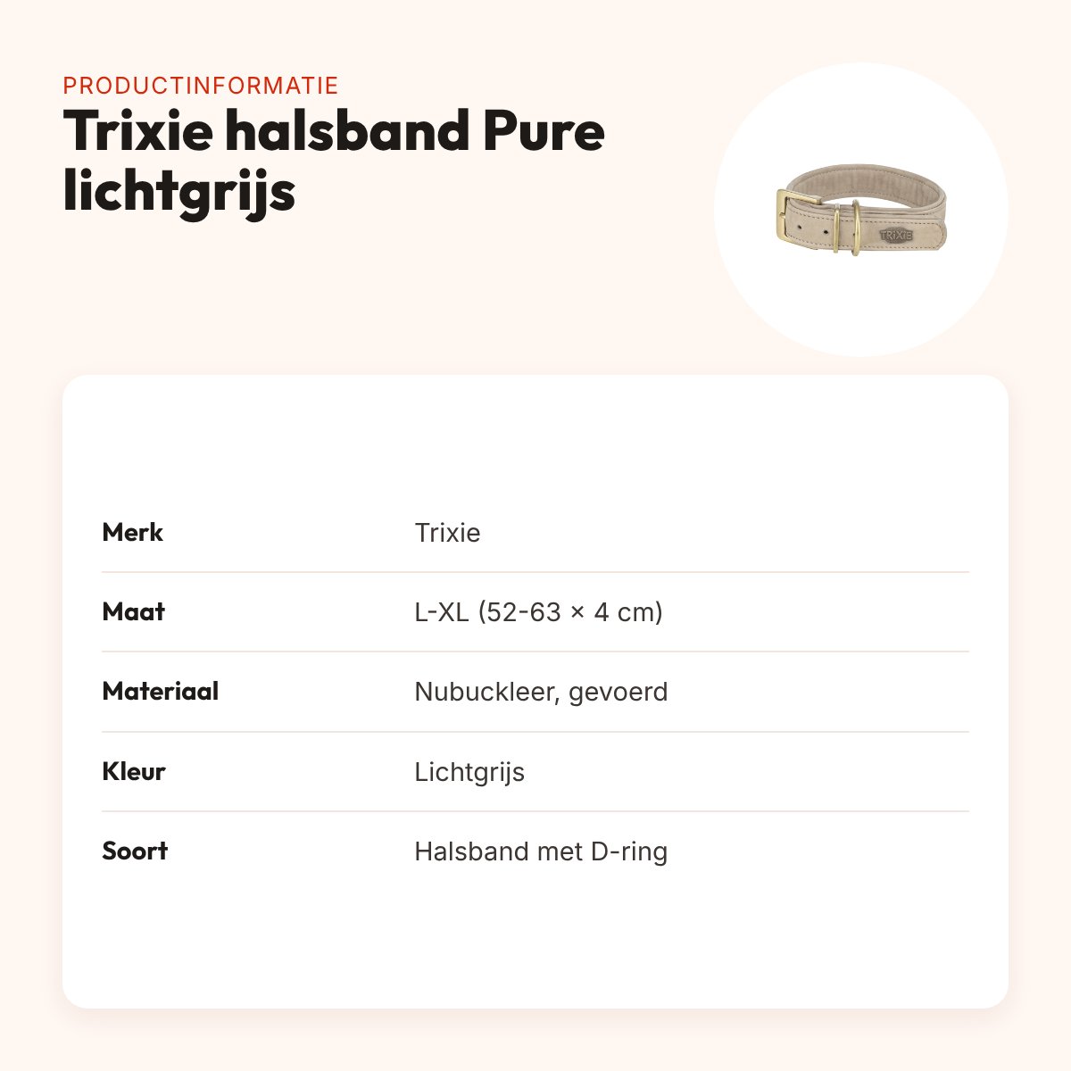 Trixie halsband hond Pure leer lichtgrijs L-XL 52-63 x 4 cm – productinformatie