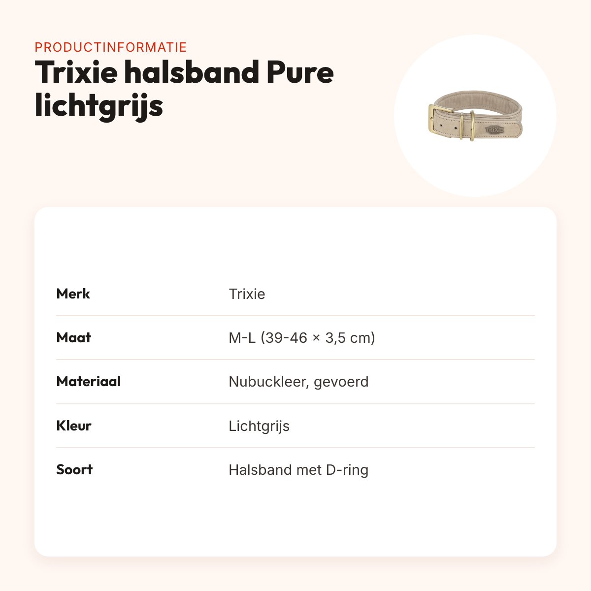 Trixie halsband hond Pure leer lichtgrijs M-L 39-46 x 3,5 cm – productinformatie