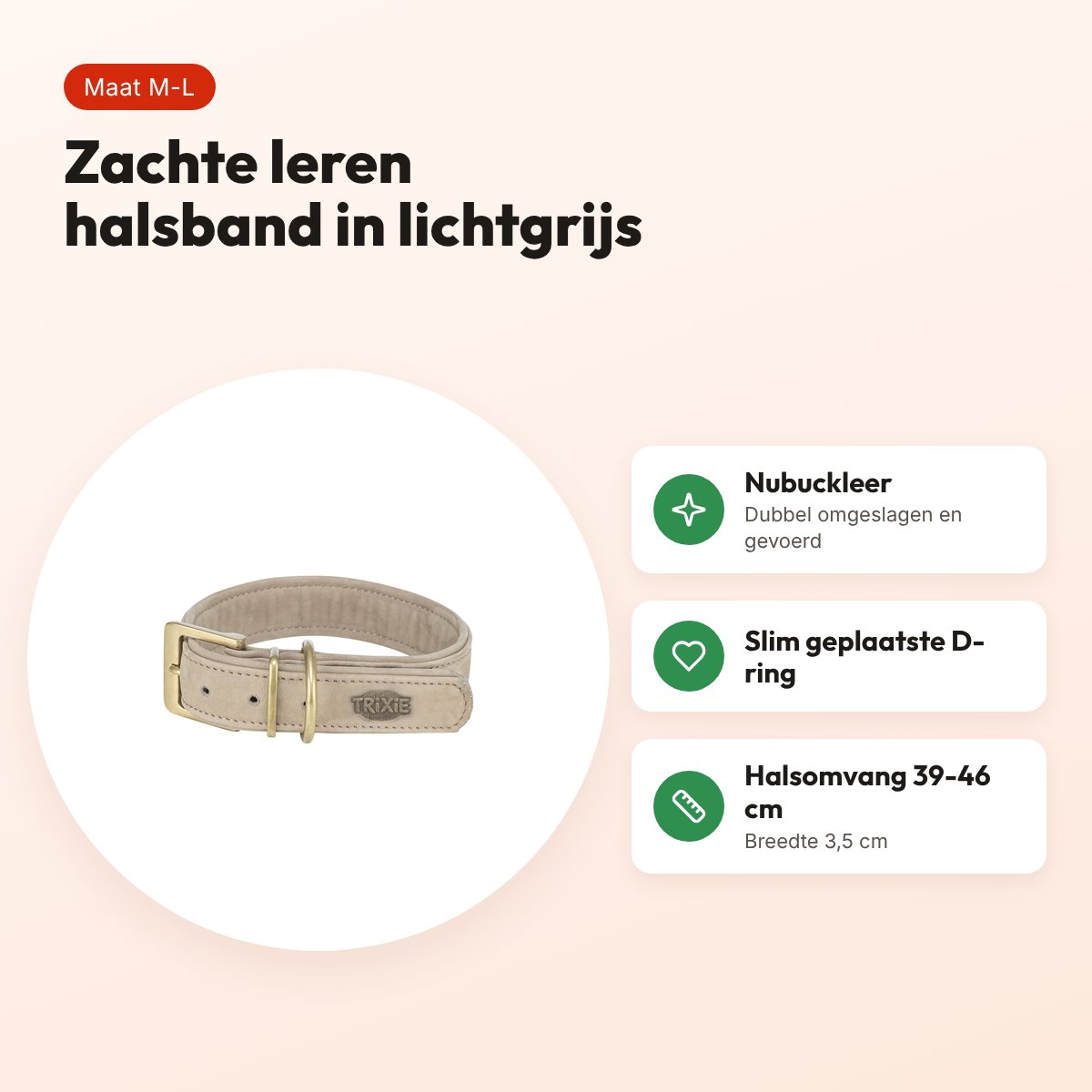 Trixie halsband hond Pure leer lichtgrijs M-L 39-46 x 3,5 cm – voordelen