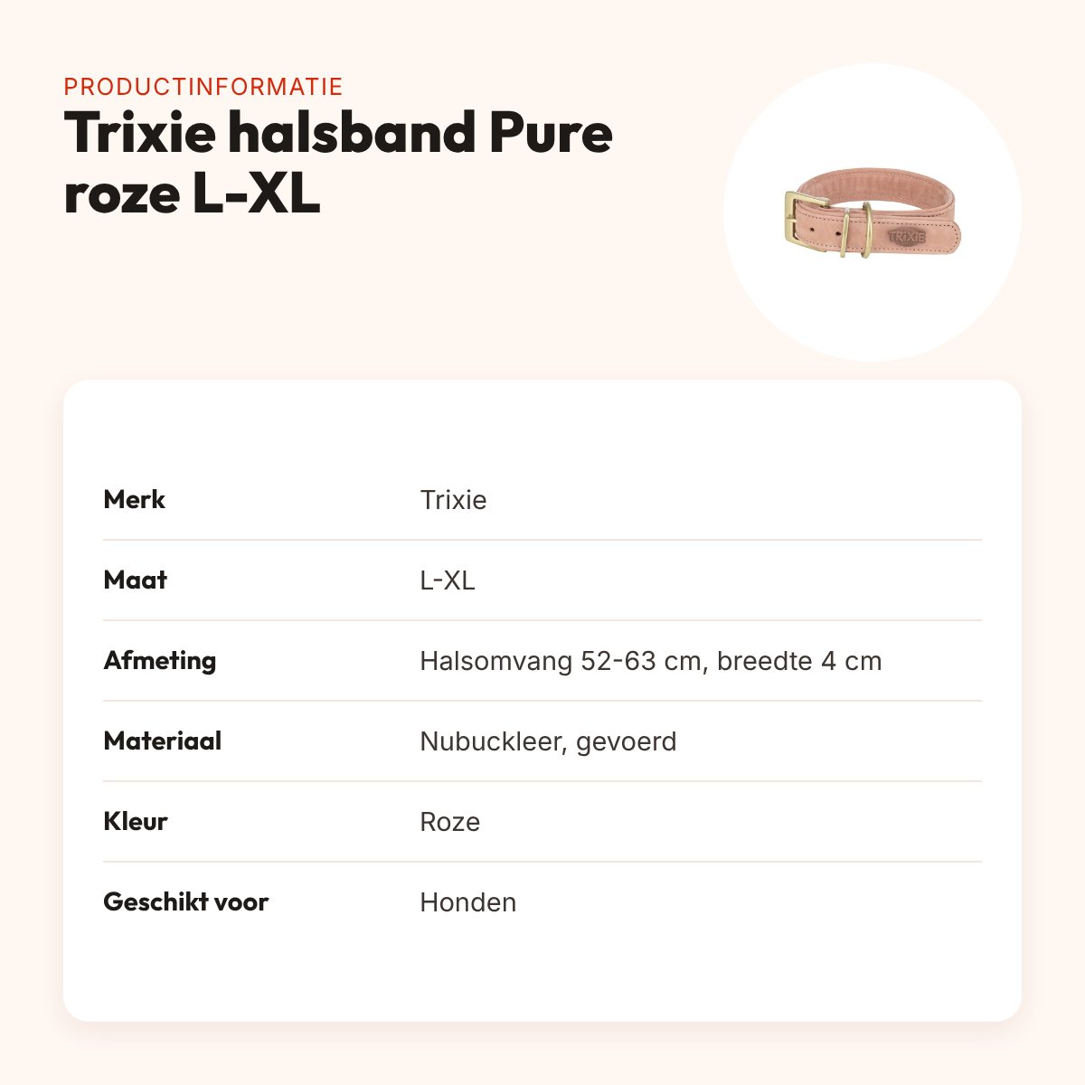 Trixie halsband hond Pure leer roze L-XL 52-63 x 4 cm – productinformatie